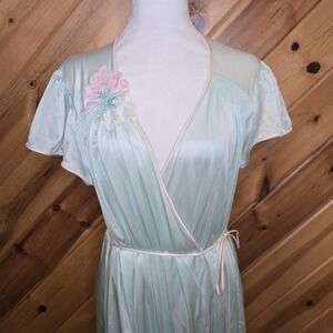 VTG VANDEMERE Teal‎ Nylon Floral Appliqué Robe Dressing Gown Sz L